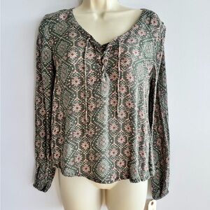 Hollister Olive Green Geometric Lace-Up Long Sleeve Top